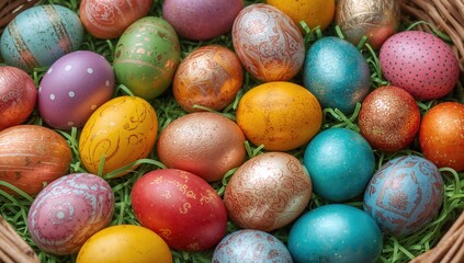 Close-up of vibrant Easter eggs arranged in a basket