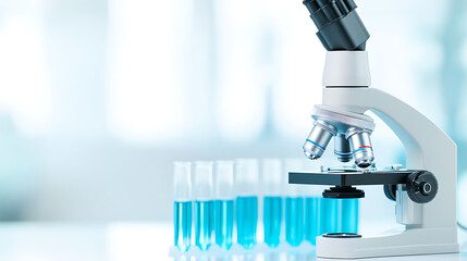 Microscope stands in a laboratory setting, next to test tubes containing blue liquid. Scientific exploration and discovery represented.