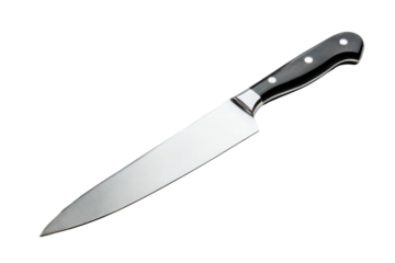 A shiny silver knife with a black handle. The knife is sharp and well-maintained