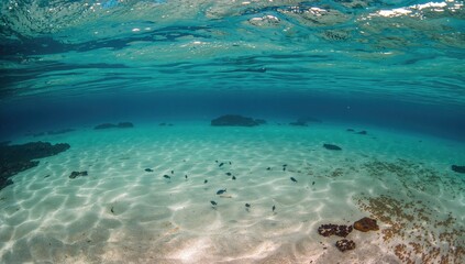 Obraz premium Stunning wide-angle capture of pristine sandy seabed beneath the water