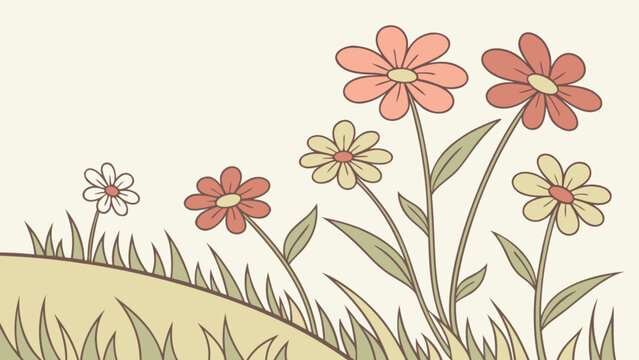 Retro inspired spring flower and grass field vector illustration