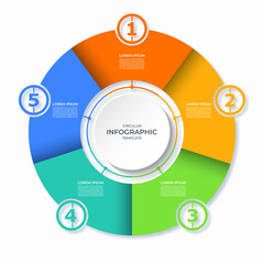 Infographic circular diagram with 5 steps. Round chart with 5 options. Vector template divided into five parts. Can be used for report, business analytics, data visualization and presentation.