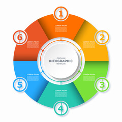 Infographic circular diagram with 6 steps. Round chart with 6 options. Vector template divided into six parts. Can be used for report, business analytics, data visualization and presentation.