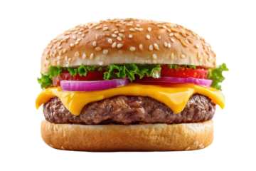 A hamburger with cheese and onions on top. The burger is on a white background. The burger is the main focus of the image