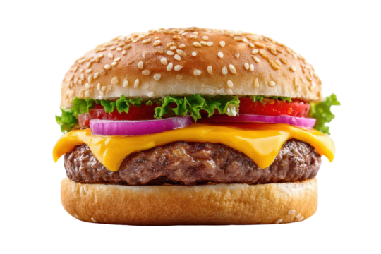 A hamburger with cheese and onions on top. The burger is on a white background. The burger is the main focus of the image