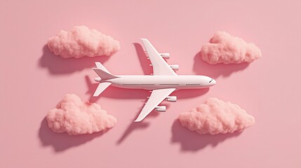 A beautifully stylized airplane soaring through pink clouds set against a soft pink background
