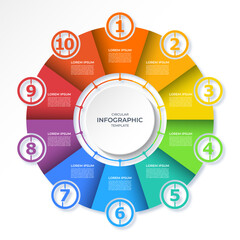 Infographic circular diagram with 10 steps. Round chart with 10 options. Vector template divided into ten parts. Can be used for report, business analytics, data visualization and presentation.