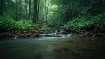 Obraz premium Soft-focus backdrop of a peaceful woodland creek meandering softly amid vibrant foliage, fostering a calm setting ideal for unwinding and enjoying nature.