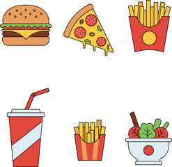 Fast Food and Junk Food Icons Set: Burger, Pizza Slice, French Fries, Soda Drink, and Salad Bowl Vector