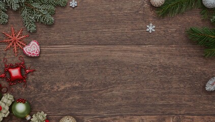 Holiday ornaments on a rustic wooden surface with heart shapes and vintage style