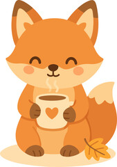 Adorable fox holding a warm cup of coffee or cocoa with a heart. Cozy autumn vector illustration isolated on transparent background. Perfect for kids designs, stickers, autumn designs.