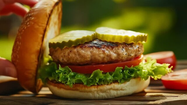 Delicious hamburger with fresh ingredients and pickles outdoors