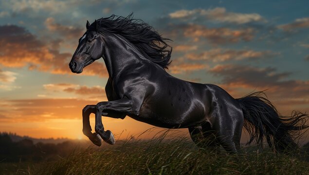 Dark Friesian horse running at dusk