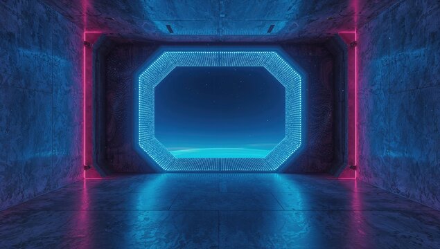 Neon-lit concrete chamber featuring a virtual reality gateway - Powered by Adobe