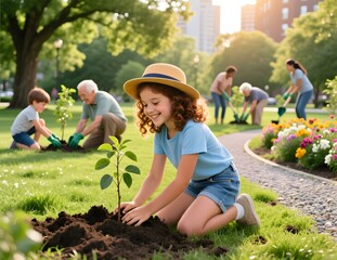 Joyful Child Planting Tree in Community Garden with Family and Friends