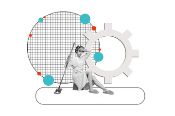 Trend artwork collage template composite sketch of young lady housewife sit hol mop cogwheel machinery gear company business innovation
