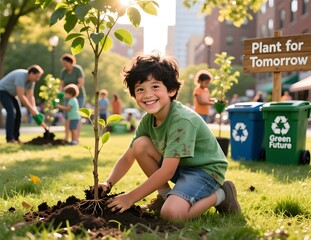 Joyful Child Planting Tree for a Sustainable Future in Community Park
