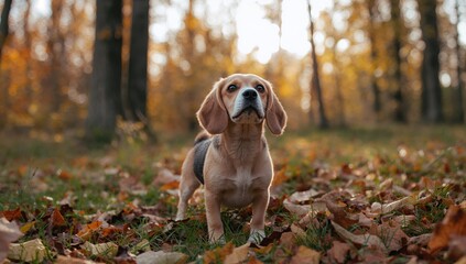 Adorable beagle puppy surrounded by fall foliage in the woods