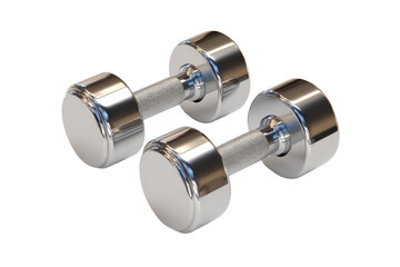 Obraz premium Two shiny silver dumbbells are shown in a close up. The dumbbells are made of metal and have a polished finish. Concept of strength and fitness