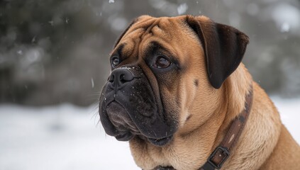 Obraz premium Bullmastiff standing in snowy landscape with a worried expression gazing to the side