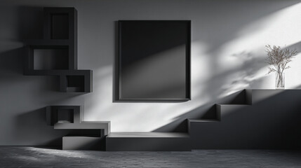 Fototapeta premium Monochrome interior with a frame, geometric shelves, stairs, and a vase of flowers