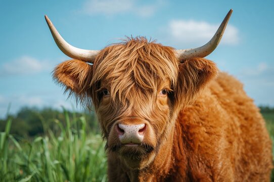 Close-up photo of an adorable red horned cow standing on a grassy field in daylight