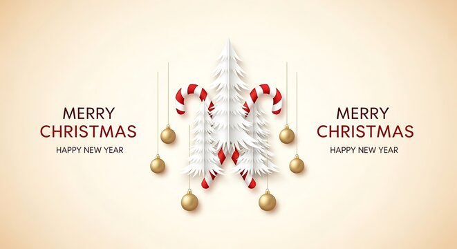 Festive Christmas Tree Illustration with Candy Canes and Ornaments, Wishing Merry Christmas and Happy New Year