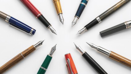 Assorted vibrant fountain pens displayed on a clean white surface, showcasing luxury and artistic flair