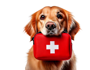 a golden retriever holding a red first aid kit in its mouth png 
