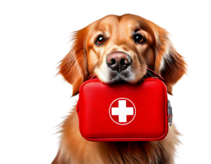 a golden retriever holding a red first aid kit in its mouth png 