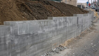 Freshly constructed concrete retaining wall guarding the hillside from soil erosion. Urban street renewal project featuring a new retaining structure.