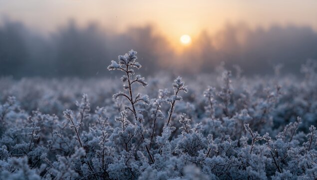 Plants coated with frost in a misty morning woodland during winter. Close-up shot with blurred background. Seasonal natural scenery - Powered by Adobe