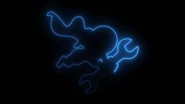 Glowing neon line superhero handyman flying with wrench ready for quick repair and maintenance solutions
