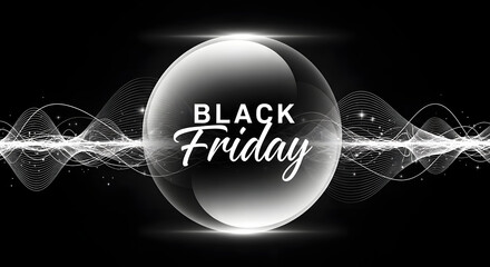 Black friday sale event with glowing sphere and abstract sound wave effect on black background, representing discounts and shopping