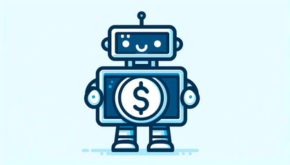Fototapeta premium Penny Robot Icon Finance Fintech Vector A cute, simple vector icon of a small robot with a coin (penny) visible on its screen or chest. Clean design, symbolizing financial automation. 