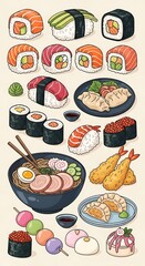 Delicious Japanese Cuisine - Sushi, Ramen, and Dumplings Illustration.