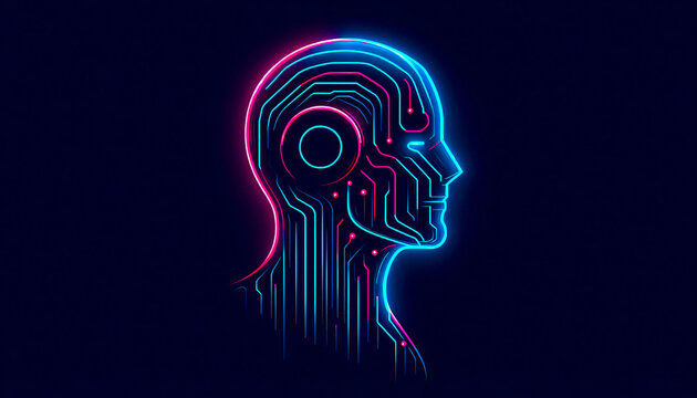 Minimalist vector profile of a robot head with glowing neon blue and pink lines. Dark, atmospheric background, 80s synthwave style.	
