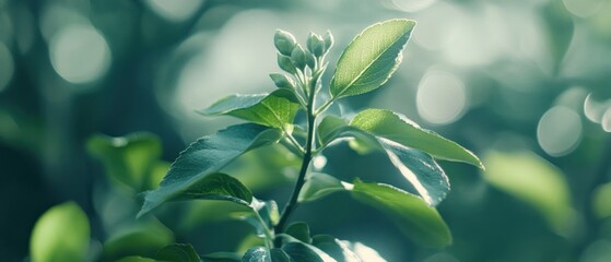 Young plant leaves and buds in soft sunlight close up