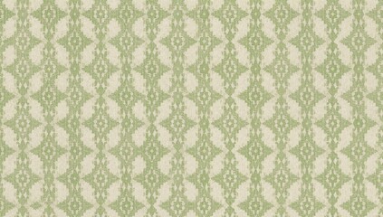 Seamless ethnic textile design with ikat ogee motifs in green and white