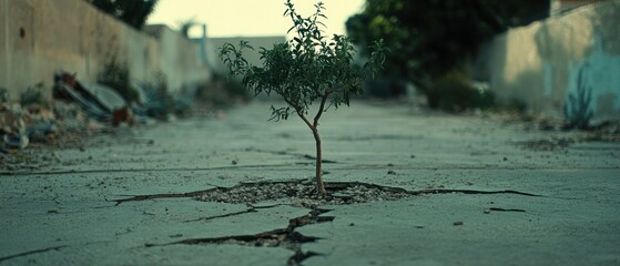Small tree growing through cracked asphalt road surface