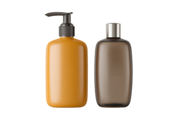 A shampoo and conditioner set, one is yellow and the other is black. The yellow bottle is on the left and the black bottle is on the right