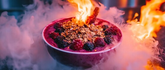 Vibrant smoothie bowl with granola and berries dramatic flames and smoke effect