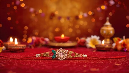 Fototapeta premium Exquisite handcrafted crochet thread symbolizing sibling bond for festive celebration, affection, and gift-giving with vibrant red hues