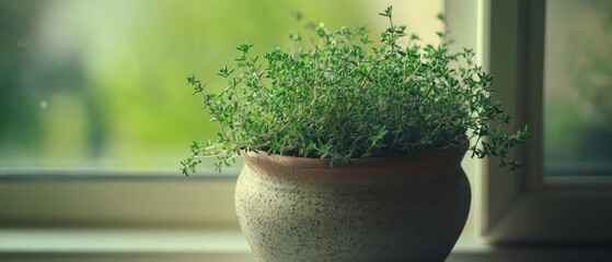 Vibrant green thyme plant in pot on windowsill soft natural light