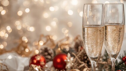 Close-up of sparkling wine glasses with a softly blurred backdrop and room for text.