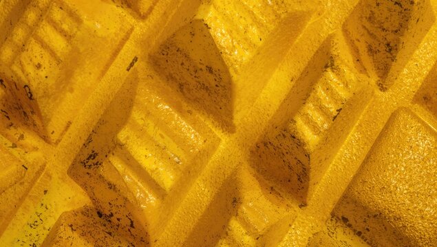 Artistic elements in a classic pattern featuring yellow hues, various shapes, and repetitive materials