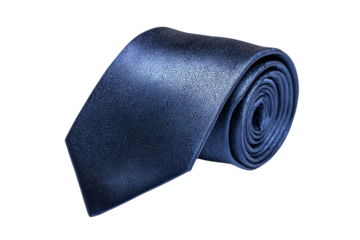 A blue tie is rolled up on a white background. The tie is made of a shiny material and has a pattern on it. Concept of elegance and sophistication