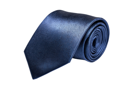 A blue tie is rolled up on a white background. The tie is made of a shiny material and has a pattern on it. Concept of elegance and sophistication