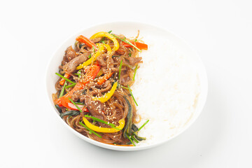 Japchae is a dish made by stir-frying vegetables, mushrooms, meat, and other ingredients and mixing them with boiled glass noodles.
