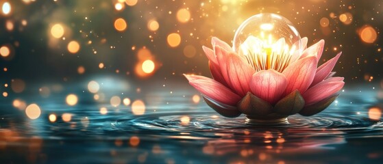 Glowing lotus flower on water magical bokeh background serenity peace tranquility